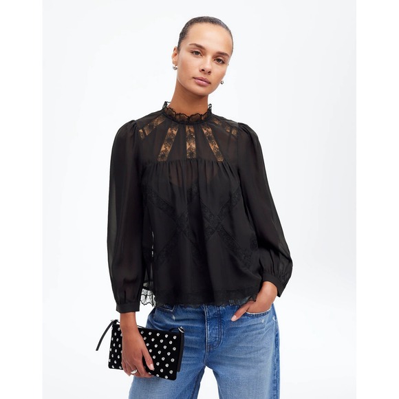 NEW Madewell‎ Women's XS True Black Lace-Inset Top in Silk NWT - Picture 1 of 9